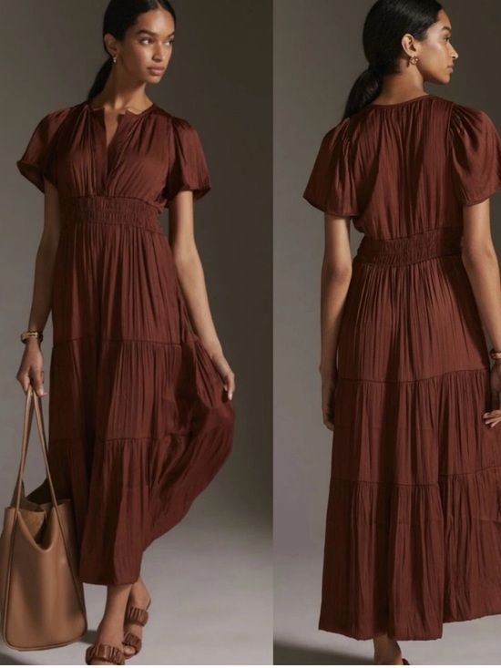 Anthropologie Dresses & Skirts - Anthropologie Chocolate Brown V-Neck Tiered Midi Dress